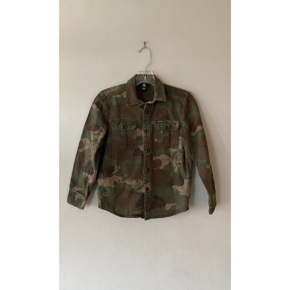 Volcom Boys Huckster Camo Print Button Down Long Sleeve Shirt Small 8 Years‎